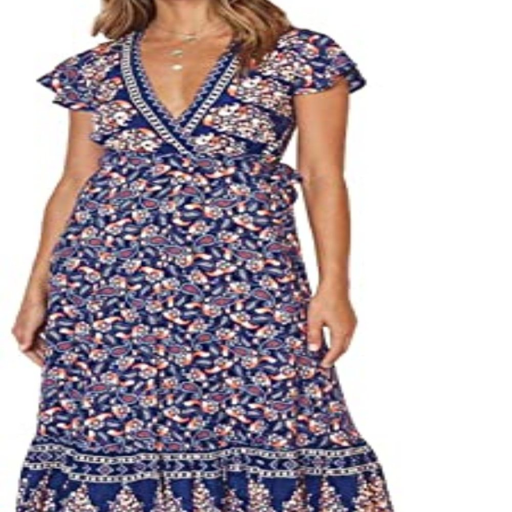 Bohemian Floral Printed Wrap V Neck Short Sleeve